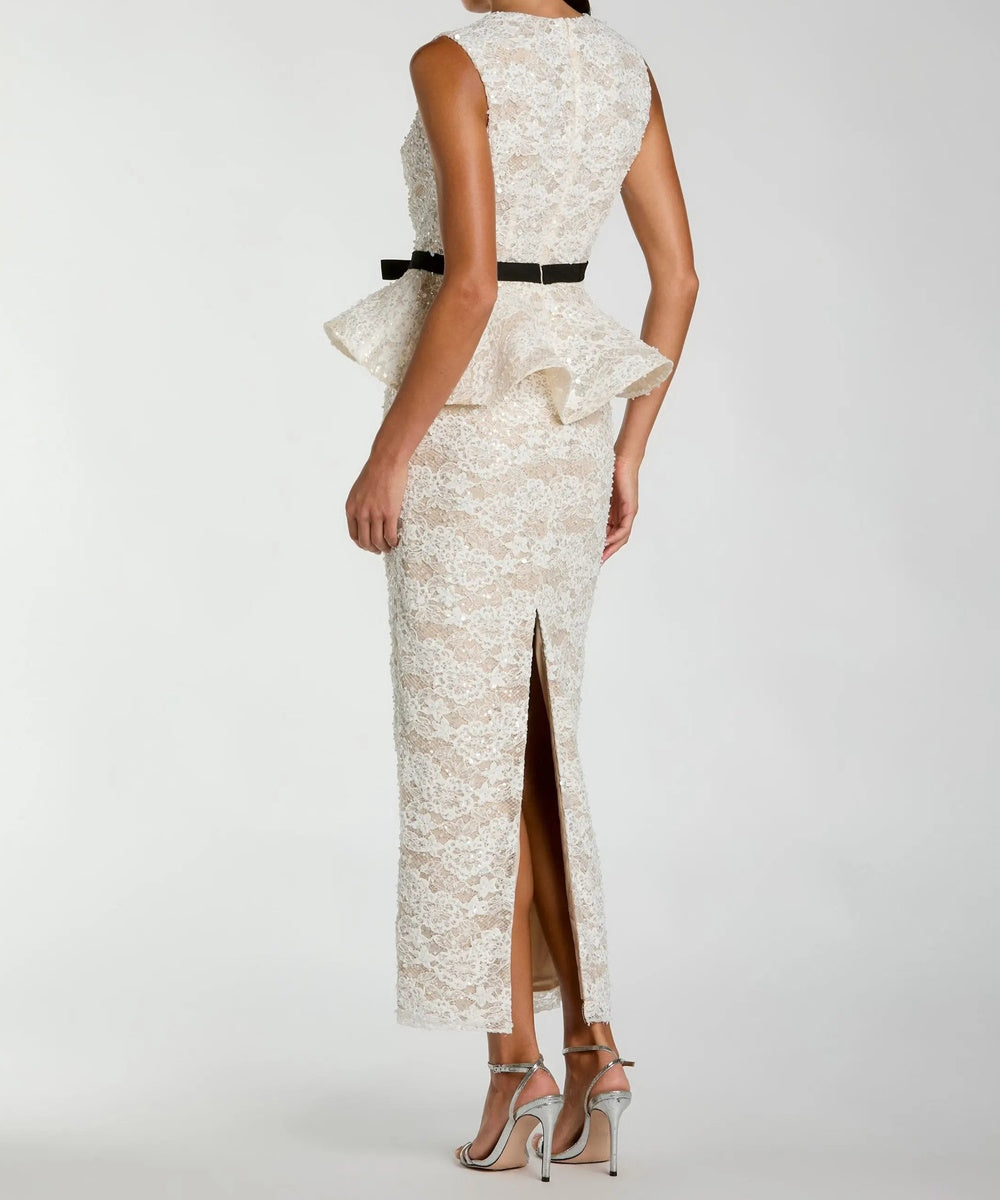 Ivory Sequin Lace Sleeveless Peplum Midi Dress With Contrast Black Bow Belt