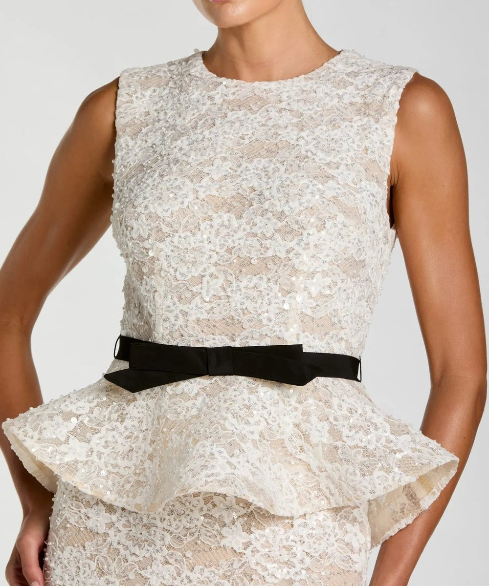 Ivory Sequin Lace Sleeveless Peplum Midi Dress With Contrast Black Bow Belt