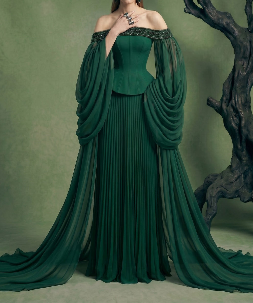 Dark Green Off‑Shoulder Corset Pleated Gown With Draped Chiffon Sleeves & Train