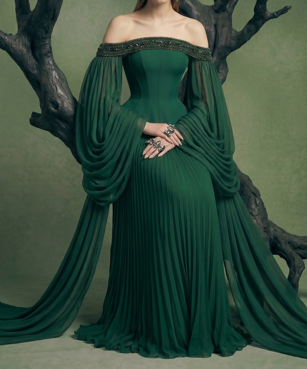 Dark Green Off‑Shoulder Corset Pleated Gown With Draped Chiffon Sleeves & Train