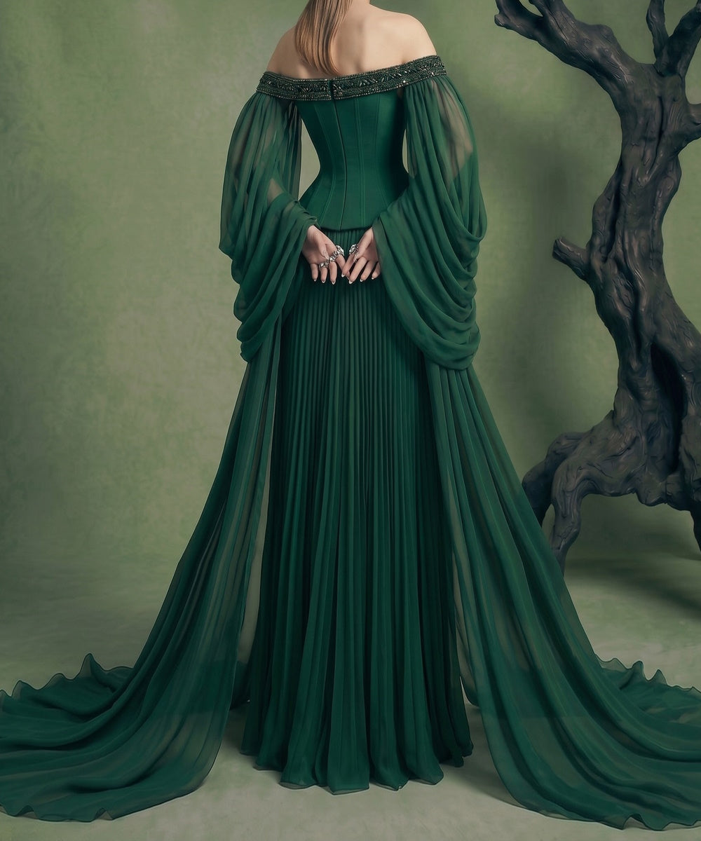 Dark Green Off‑Shoulder Corset Pleated Gown With Draped Chiffon Sleeves & Train