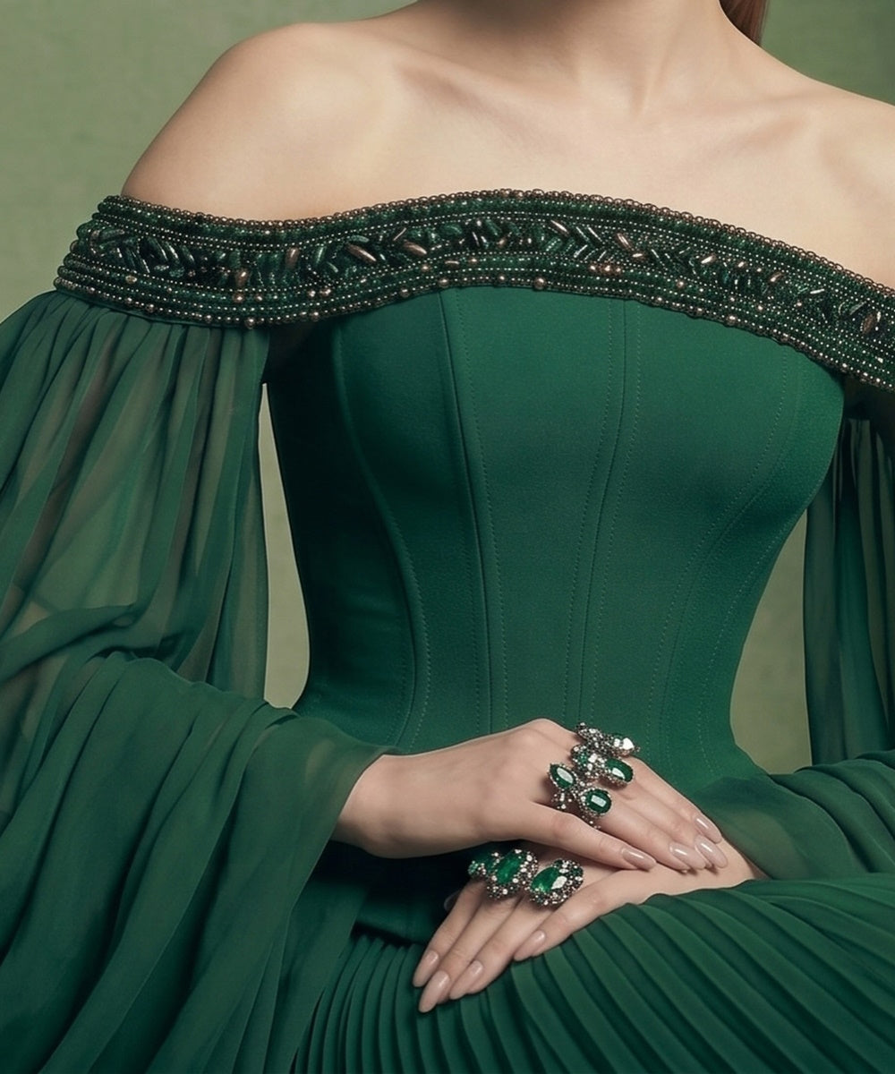 Dark Green Off‑Shoulder Corset Pleated Gown With Draped Chiffon Sleeves & Train