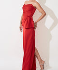 Red Satin Strapless Draped Maxi Evening Gown With Side Bow Detail