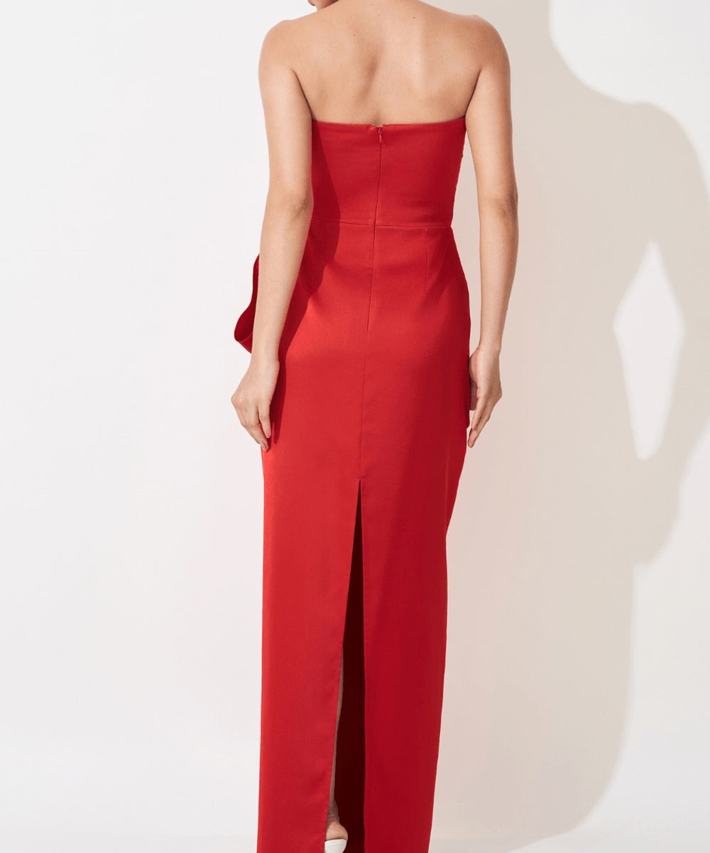 Red Satin Strapless Draped Maxi Evening Gown With Side Bow Detail