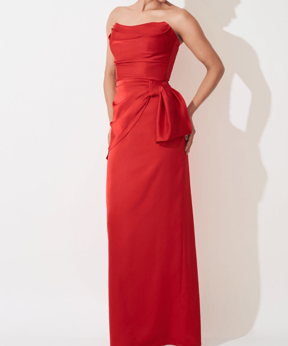 Red Satin Strapless Draped Maxi Evening Gown With Side Bow Detail