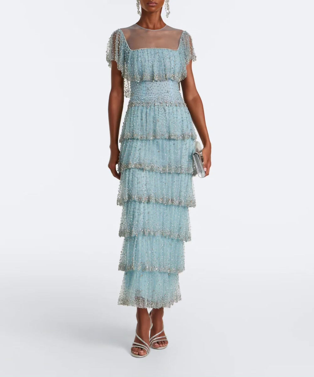 Light Blue Beaded Tulle Tiered Midi Evening Dress With Sheer Short Flutter Sleeves