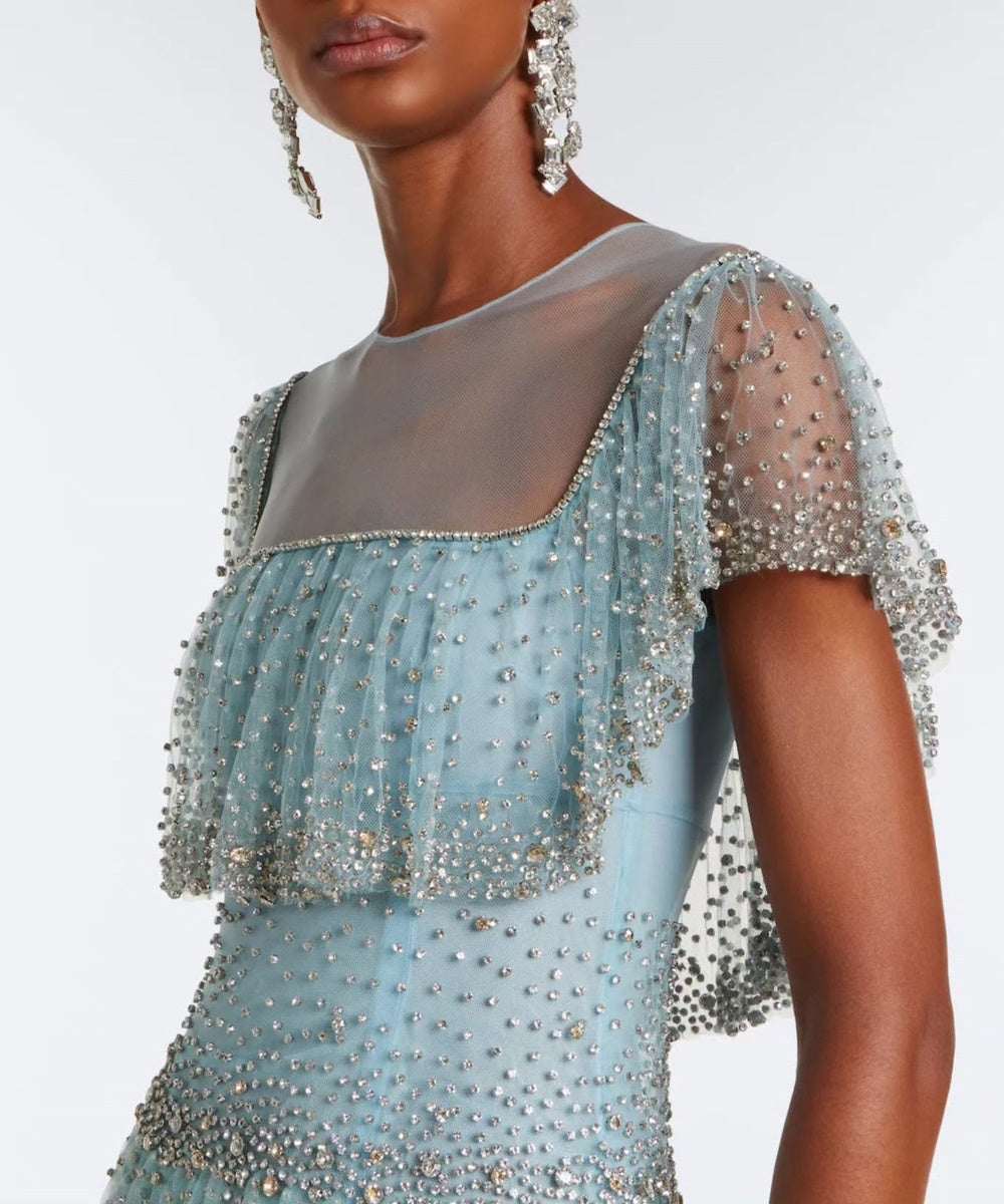 Light Blue Beaded Tulle Tiered Midi Evening Dress With Sheer Short Flutter Sleeves