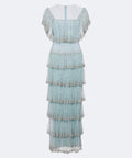 Light Blue Beaded Tulle Tiered Midi Evening Dress With Sheer Short Flutter Sleeves
