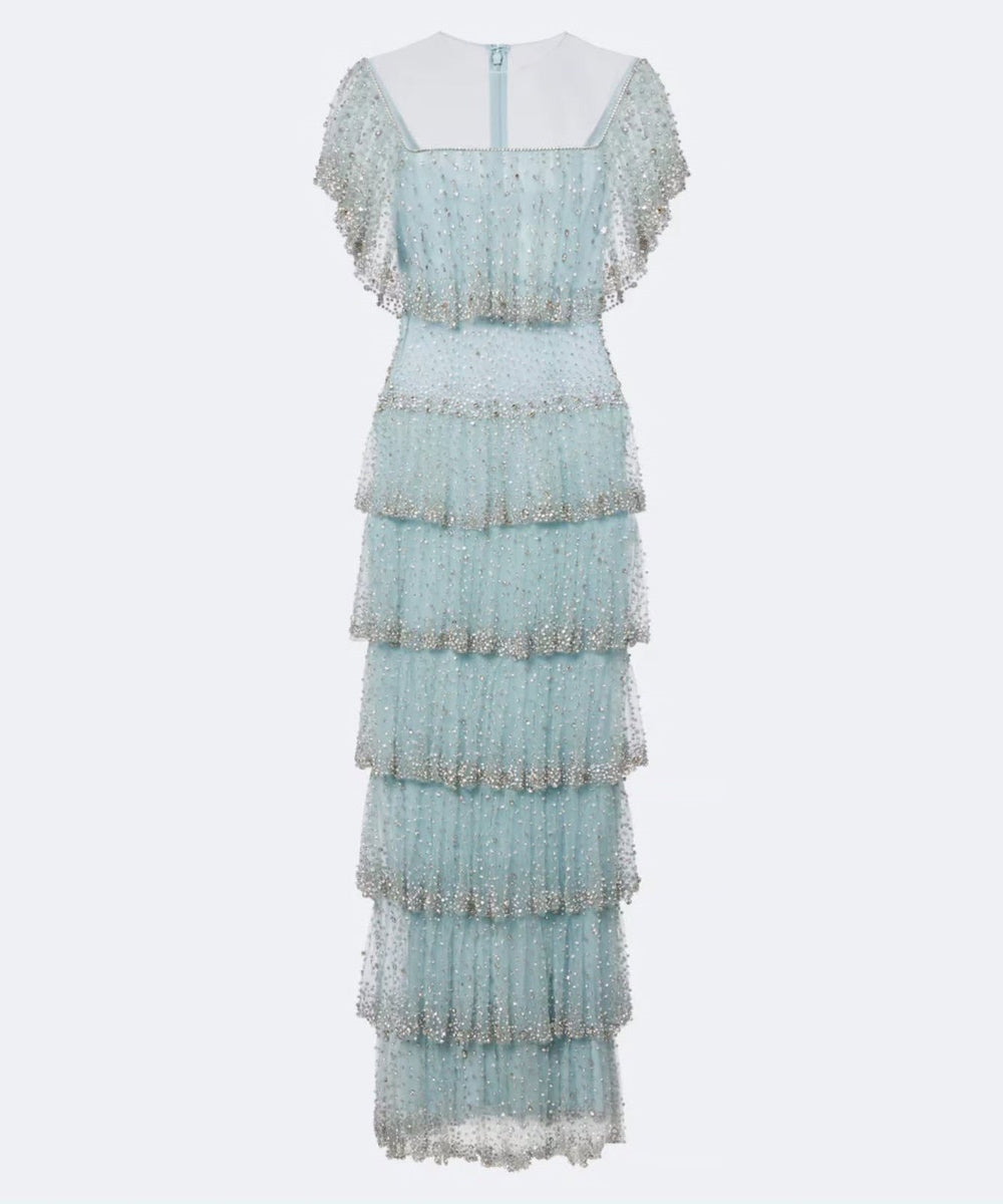 Light Blue Beaded Tulle Tiered Midi Evening Dress With Sheer Short Flutter Sleeves