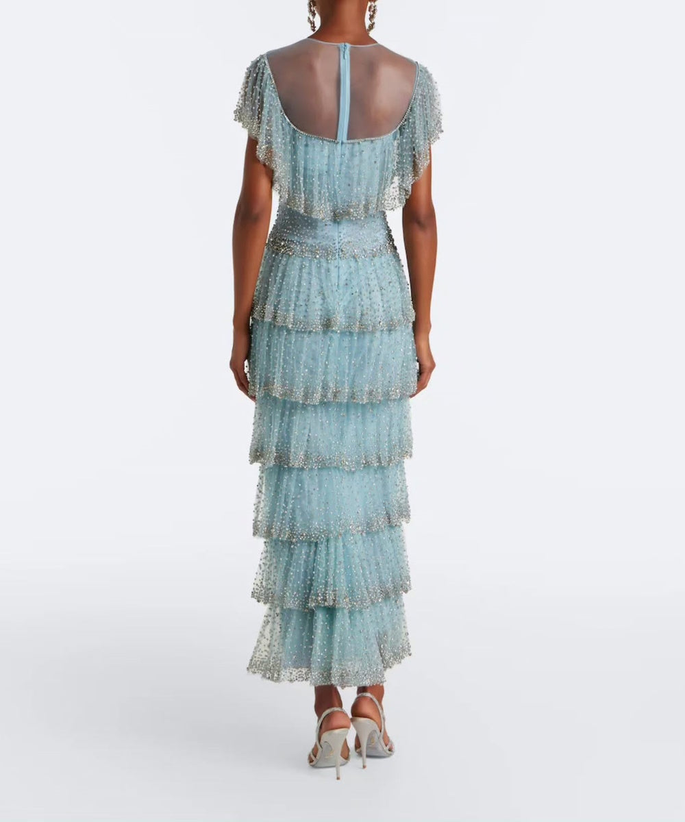 Light Blue Beaded Tulle Tiered Midi Evening Dress With Sheer Short Flutter Sleeves