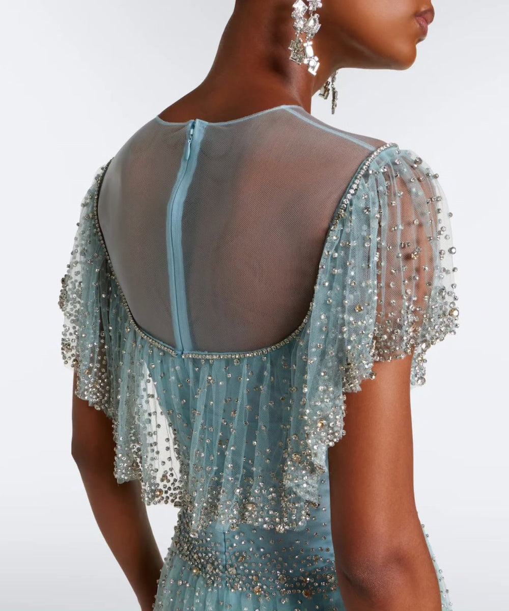 Light Blue Beaded Tulle Tiered Midi Evening Dress With Sheer Short Flutter Sleeves