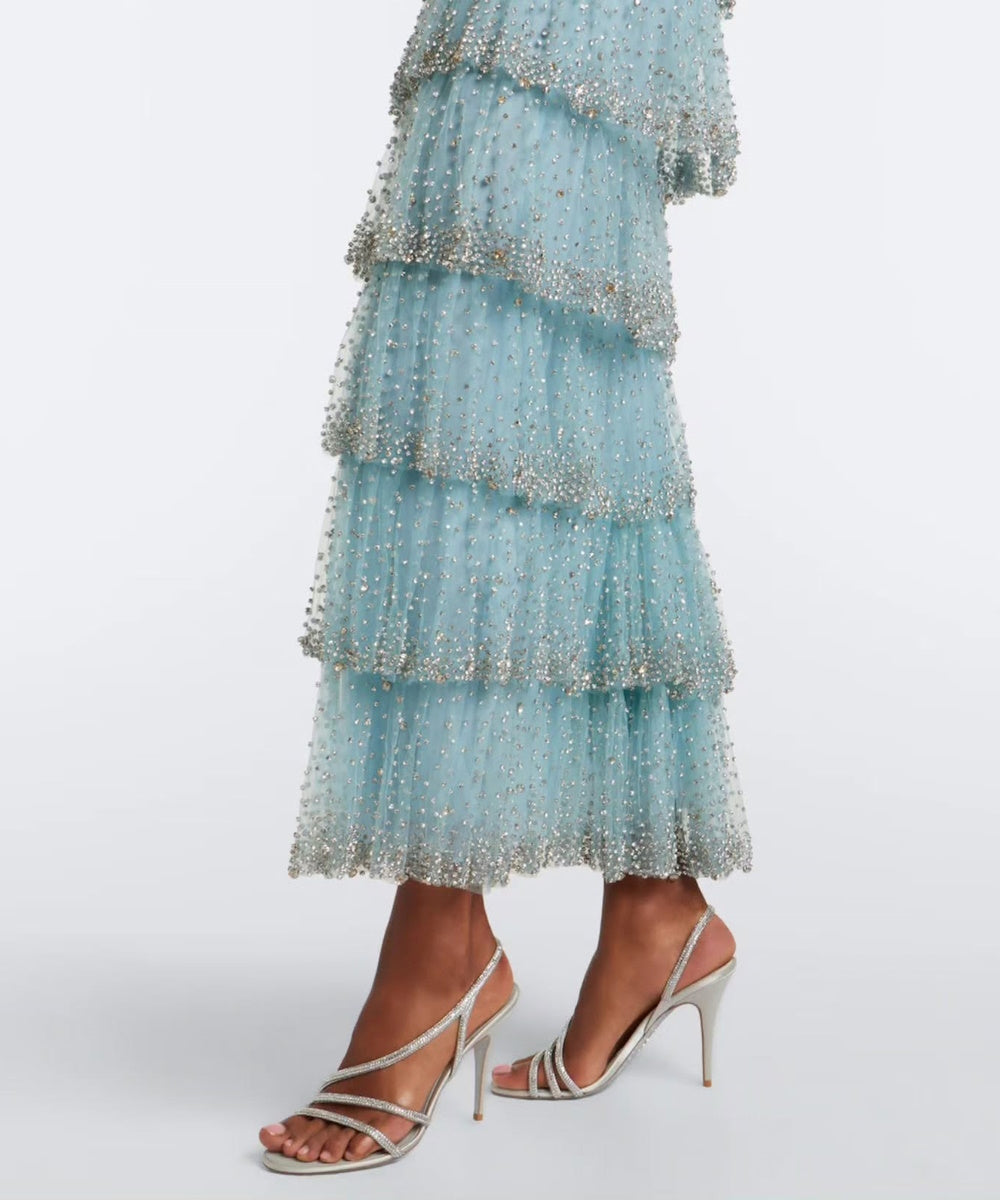 Light Blue Beaded Tulle Tiered Midi Evening Dress With Sheer Short Flutter Sleeves