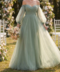 Sage Green Off‑the‑Shoulder Puff Long Sleeve Tulle A‑Line Bridesmaid Maxi Dress