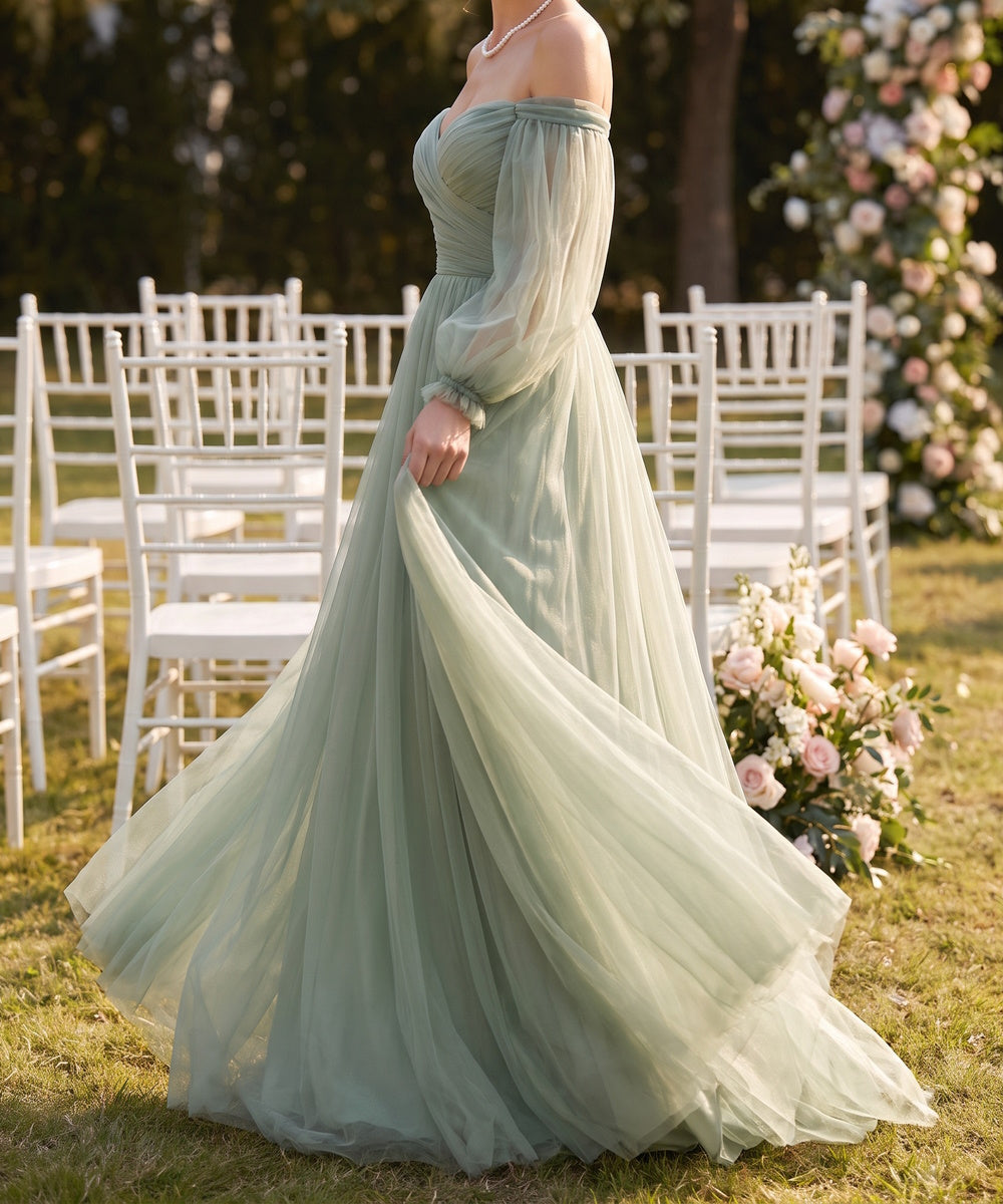 Sage Green Off‑the‑Shoulder Puff Long Sleeve Tulle A‑Line Bridesmaid Maxi Dress