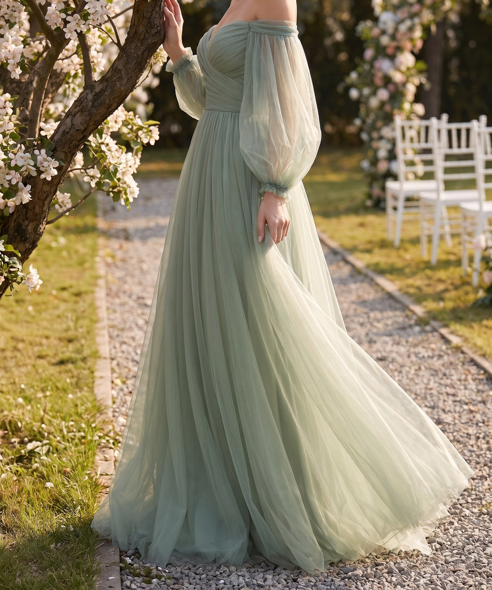 Sage Green Off‑the‑Shoulder Puff Long Sleeve Tulle A‑Line Bridesmaid Maxi Dress