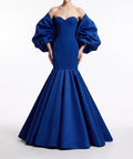 Royal Blue Strapless Corset Mermaid Evening Gown With Detachable Puff Sleeves