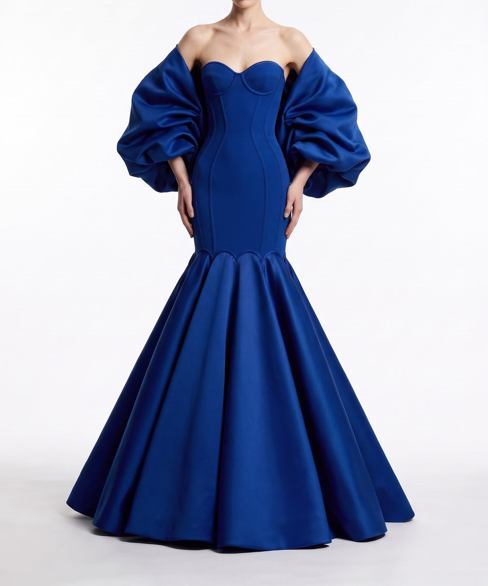 Royal Blue Strapless Corset Mermaid Evening Gown With Detachable Puff Sleeves