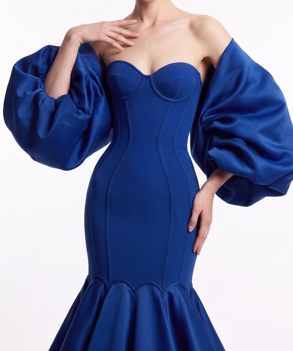 Royal Blue Strapless Corset Mermaid Evening Gown With Detachable Puff Sleeves