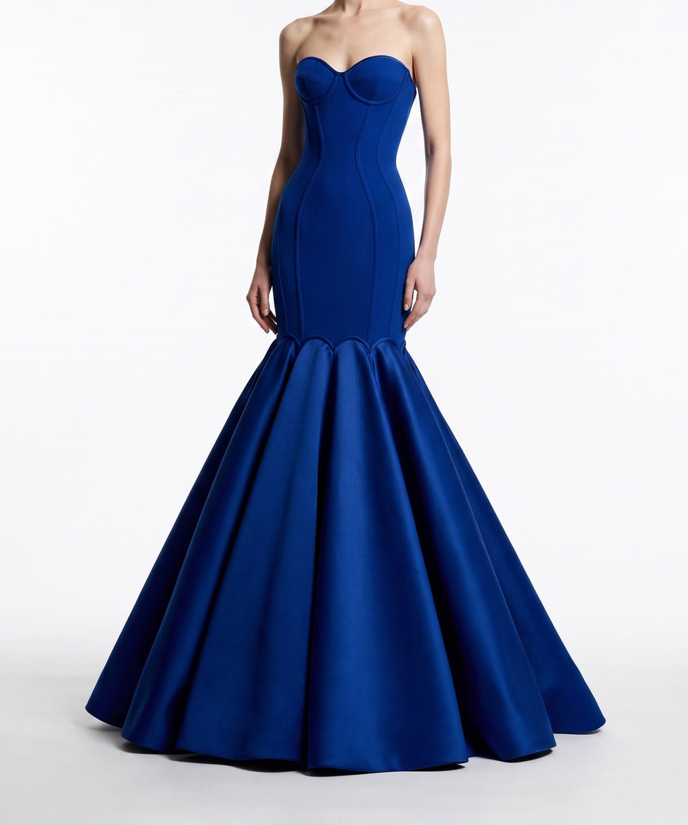 Royal Blue Strapless Corset Mermaid Evening Gown With Detachable Puff Sleeves
