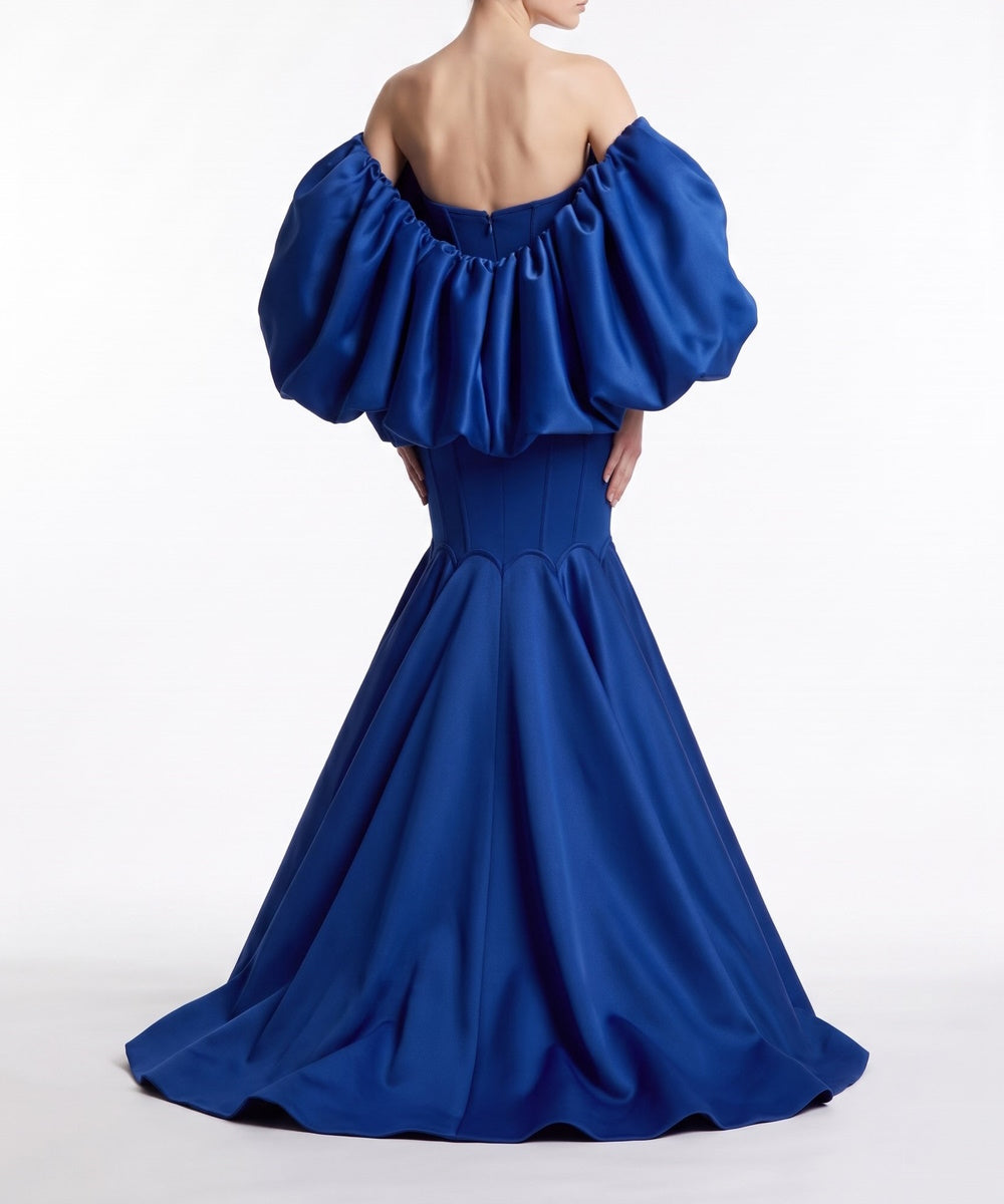 Royal Blue Strapless Corset Mermaid Evening Gown With Detachable Puff Sleeves