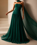Strapless Corset Chiffon A‑Line Evening Gown With Flowing Cape Sleeves