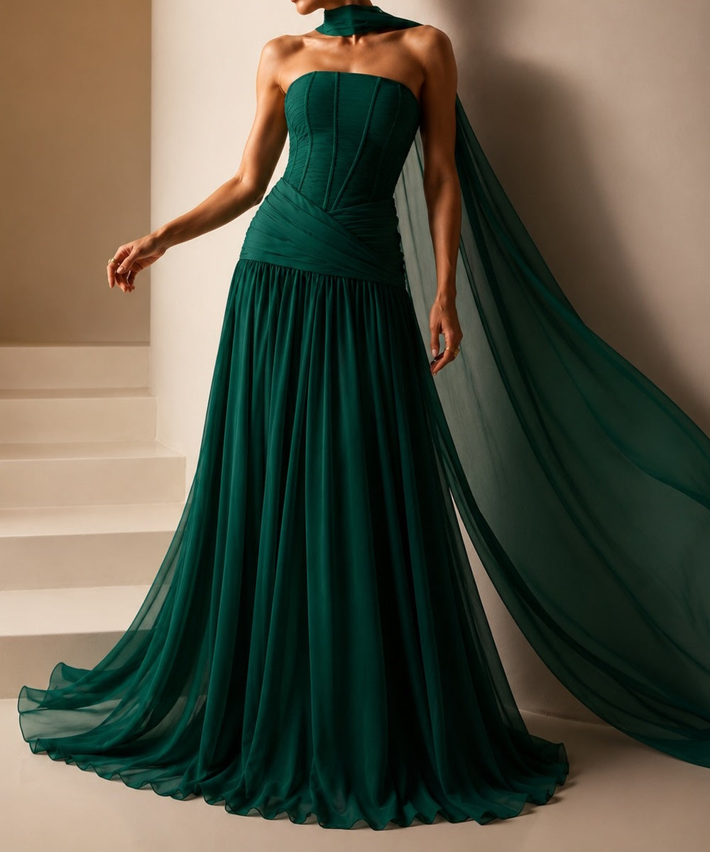 Strapless Corset Chiffon A‑Line Evening Gown With Flowing Cape Sleeves