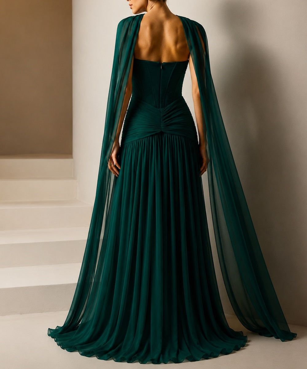 Strapless Corset Chiffon A‑Line Evening Gown With Flowing Cape Sleeves