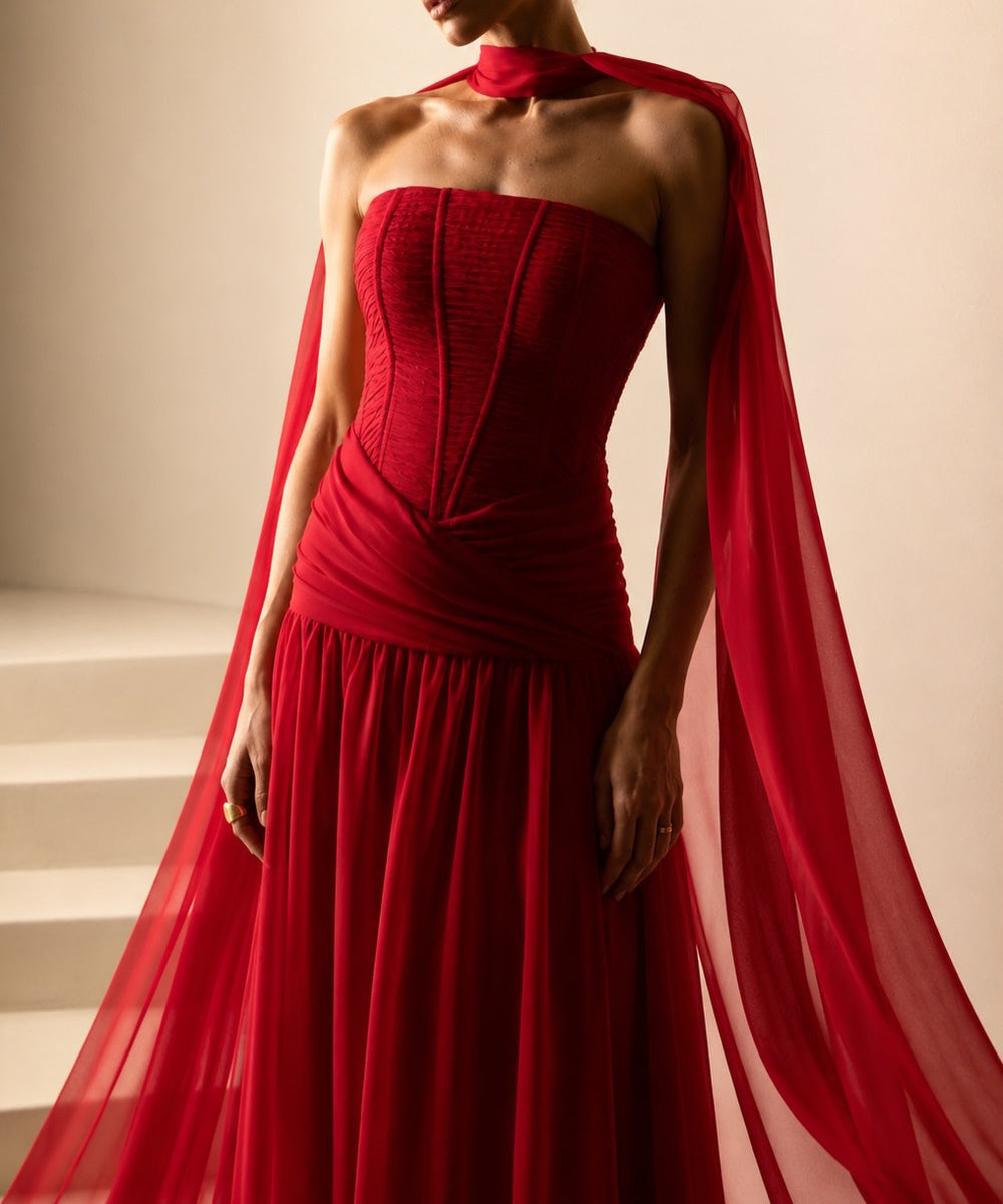 Strapless Corset Chiffon A‑Line Evening Gown With Flowing Cape Sleeves