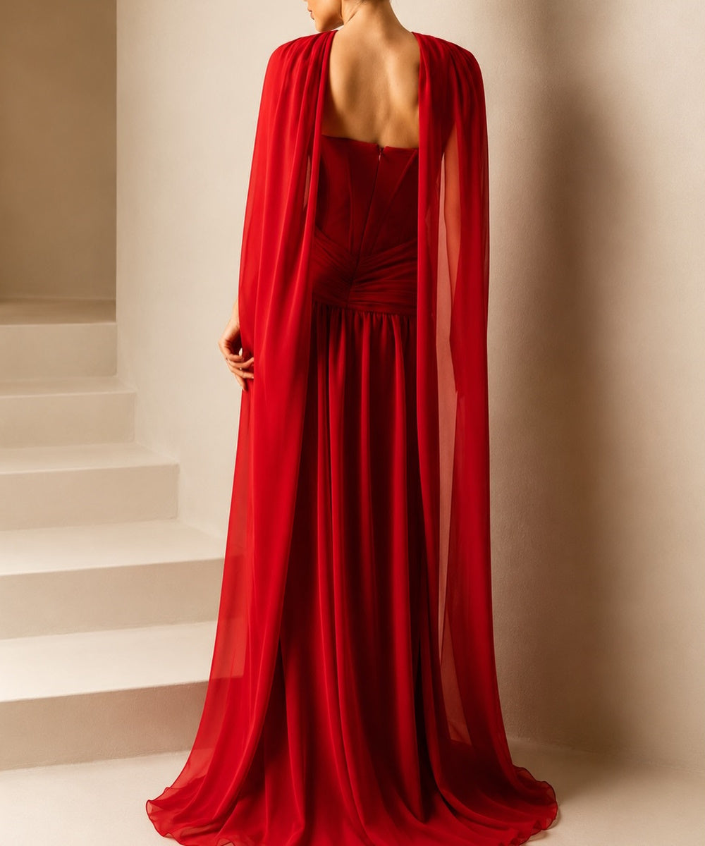 Strapless Corset Chiffon A‑Line Evening Gown With Flowing Cape Sleeves