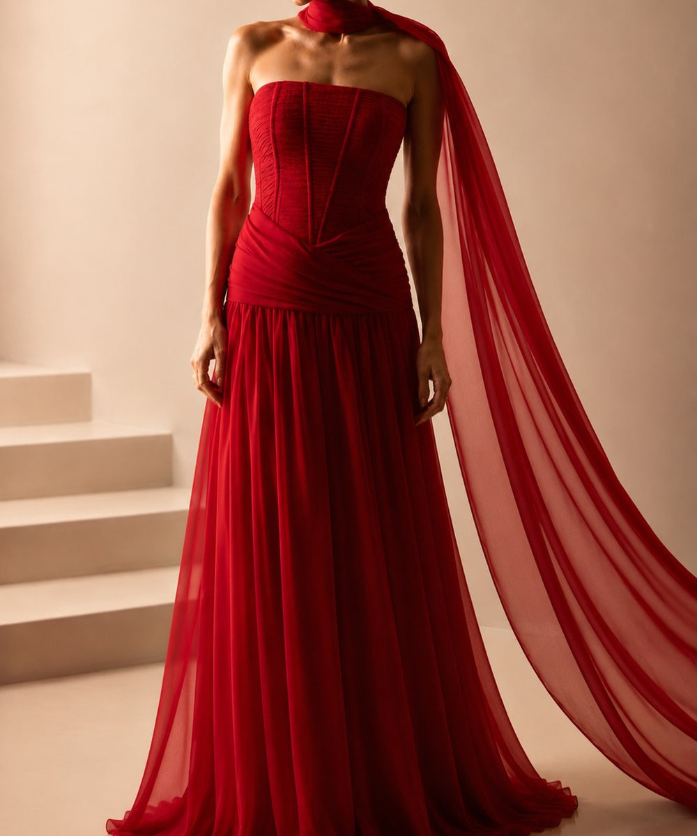 Strapless Corset Chiffon A‑Line Evening Gown With Flowing Cape Sleeves