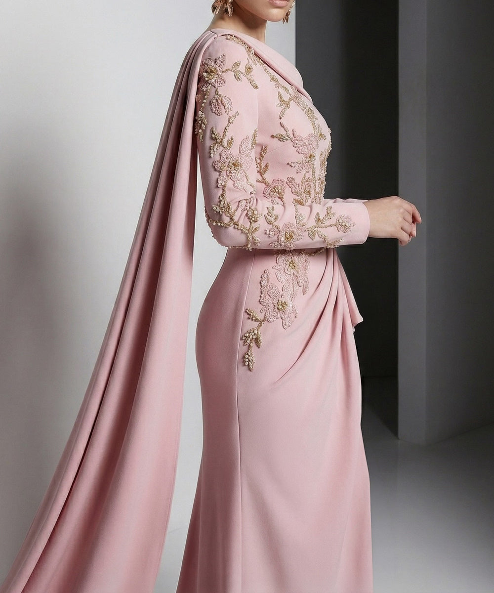 Off‑Shoulder Long Sleeve Beaded Mermaid Evening Gown With Cape Sash & Waist Belt