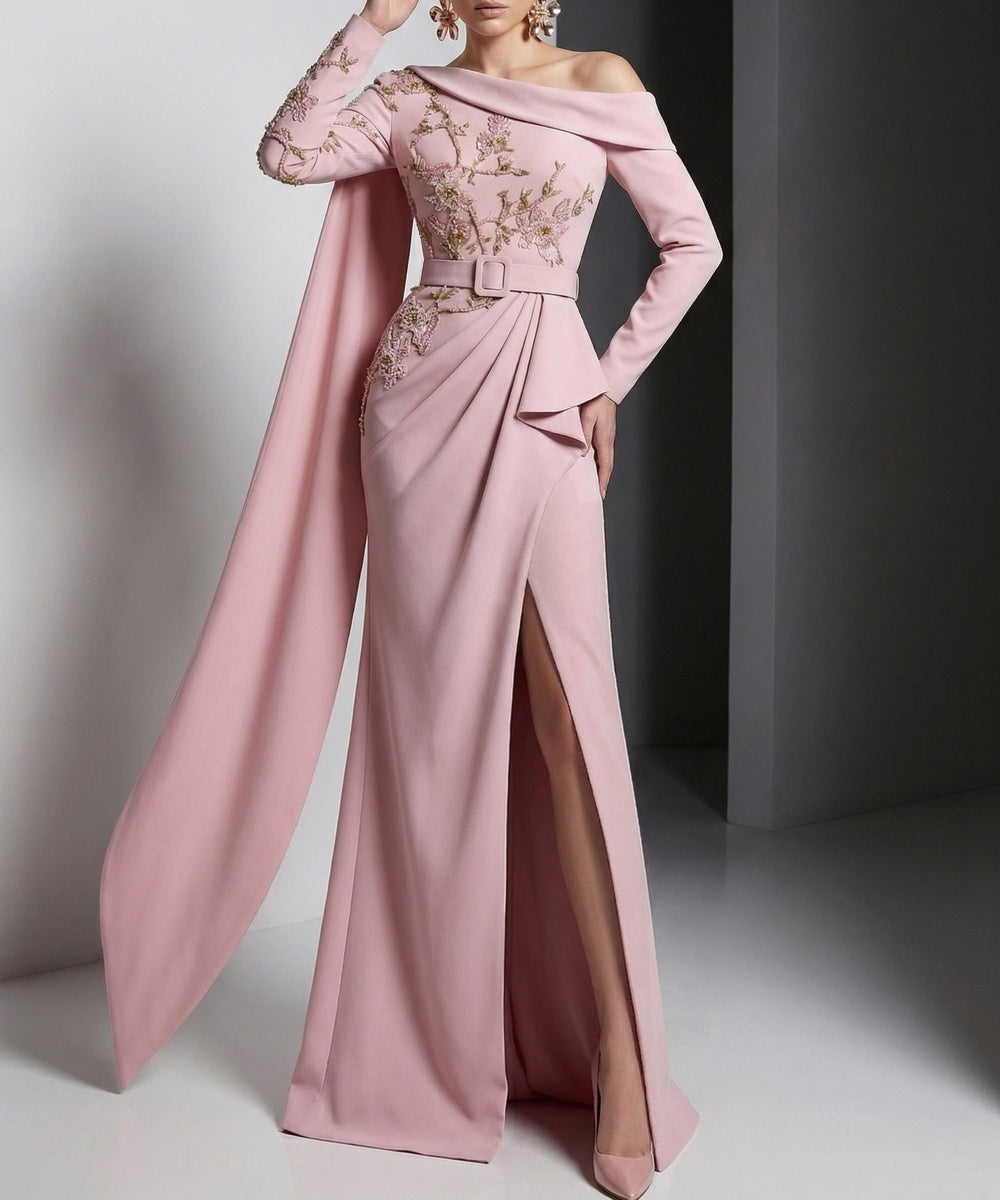Off‑Shoulder Long Sleeve Beaded Mermaid Evening Gown With Cape Sash & Waist Belt