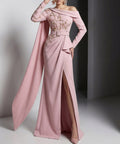 Off‑Shoulder Long Sleeve Beaded Mermaid Evening Gown With Cape Sash & Waist Belt