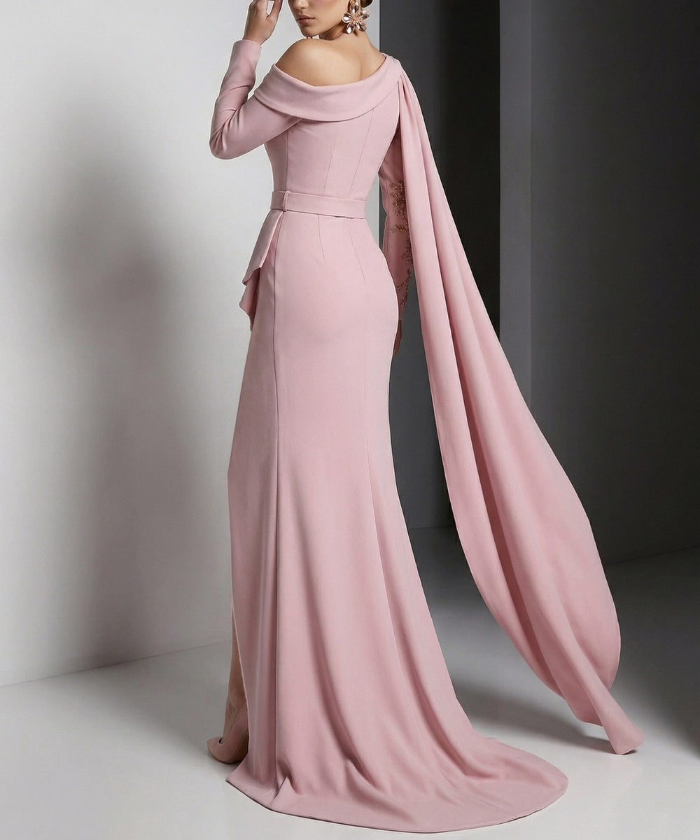 Off‑Shoulder Long Sleeve Beaded Mermaid Evening Gown With Cape Sash & Waist Belt