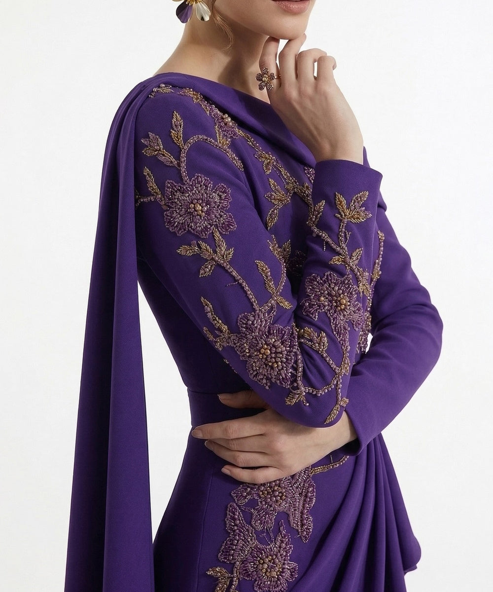 Off‑Shoulder Long Sleeve Beaded Mermaid Evening Gown With Cape Sash & Waist Belt
