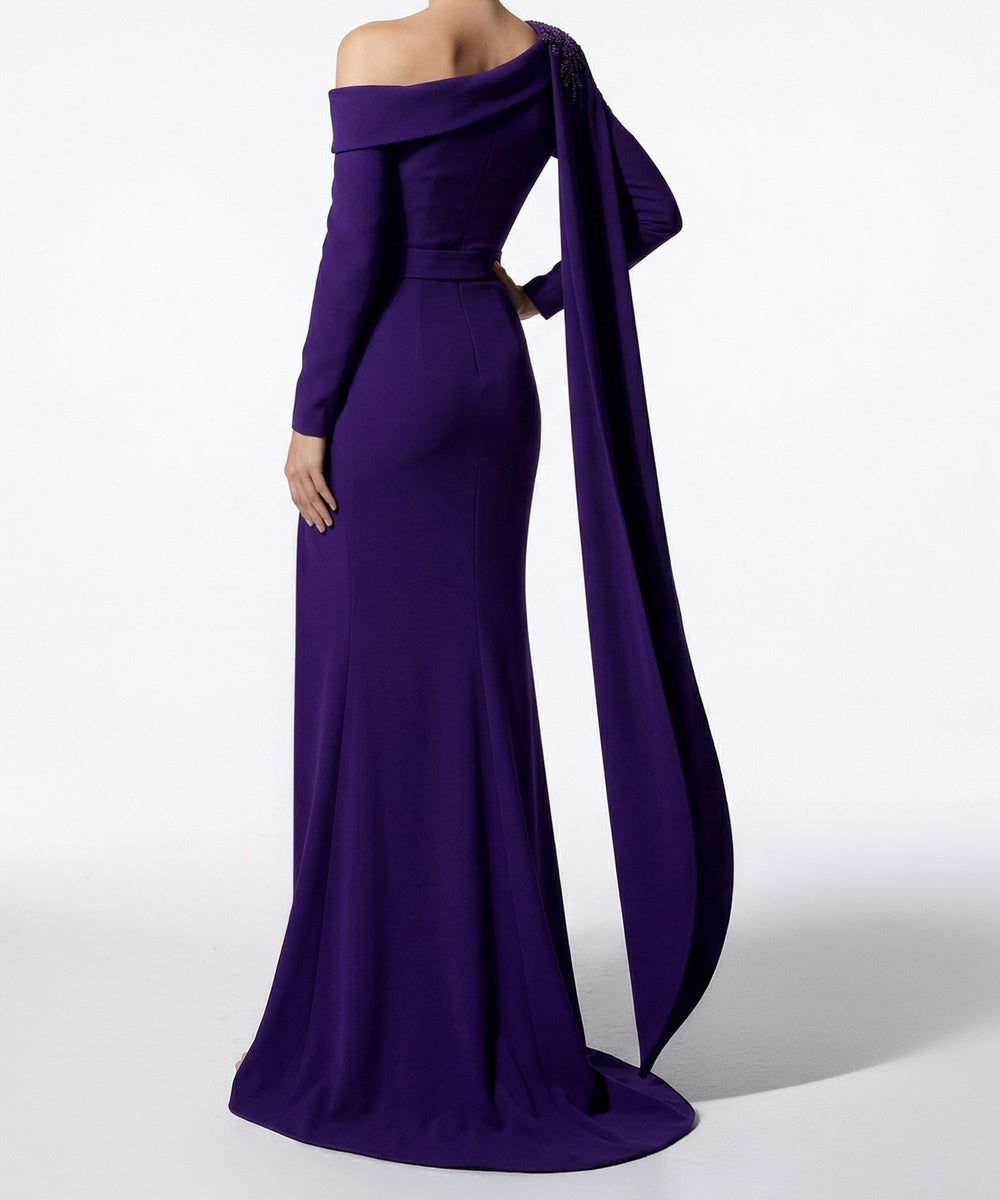 Off‑Shoulder Long Sleeve Beaded Mermaid Evening Gown With Cape Sash & Waist Belt