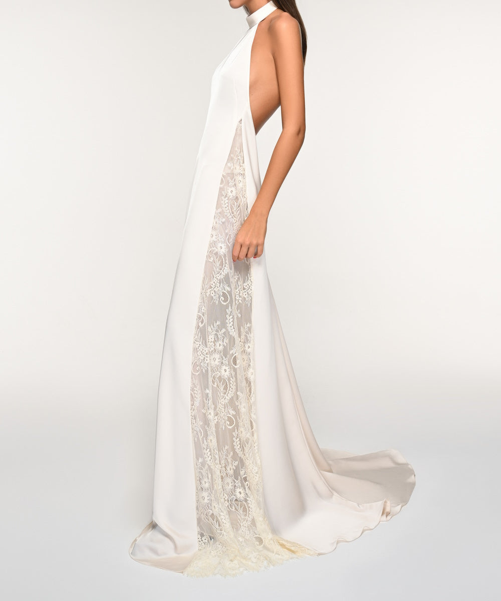 Halter Open Back Satin Wedding Gown With Floral Lace Side Panels & Train