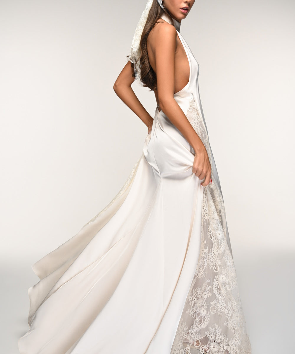 Halter Open Back Satin Wedding Gown With Floral Lace Side Panels & Train