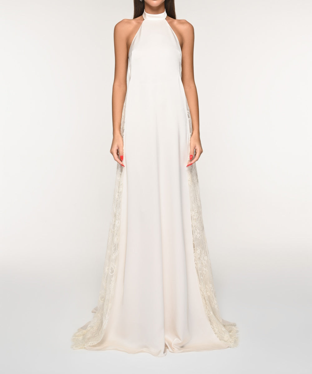 Halter Open Back Satin Wedding Gown With Floral Lace Side Panels & Train