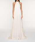 Halter Open Back Satin Wedding Gown With Floral Lace Side Panels & Train