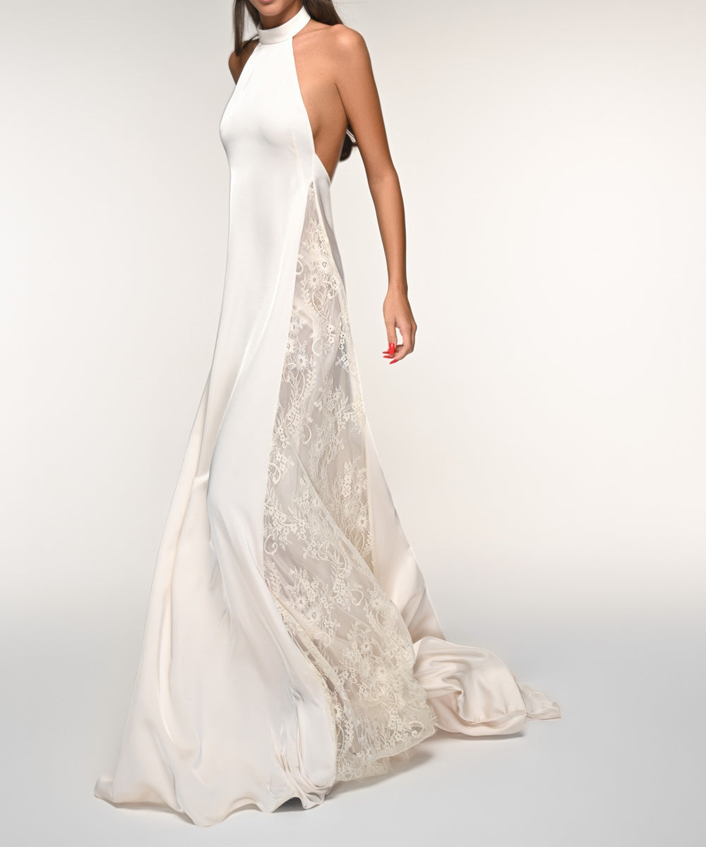 Halter Open Back Satin Wedding Gown With Floral Lace Side Panels & Train