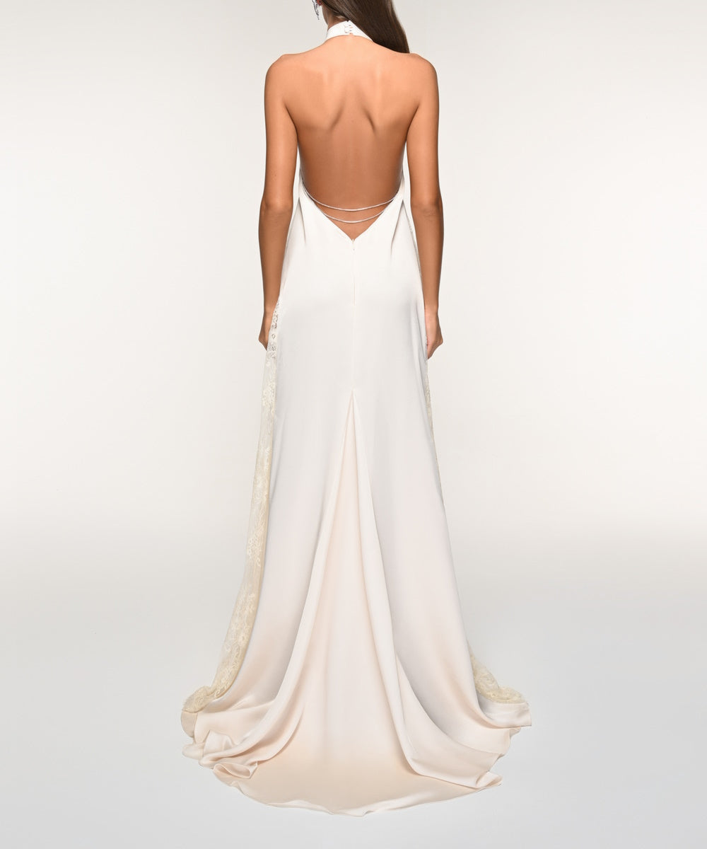 Halter Open Back Satin Wedding Gown With Floral Lace Side Panels & Train