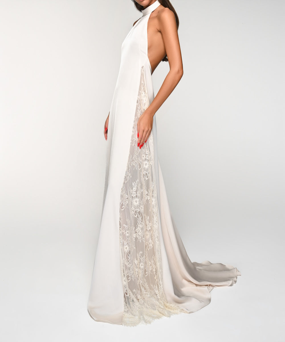 Halter Open Back Satin Wedding Gown With Floral Lace Side Panels & Train