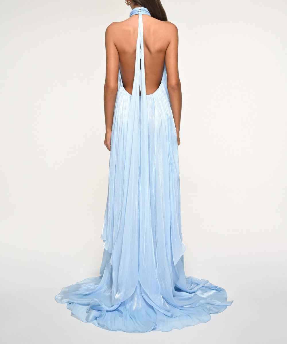 Light Blue Halter Open‑Back Ruffled Chiffon Maxi Gown With Flowy Train