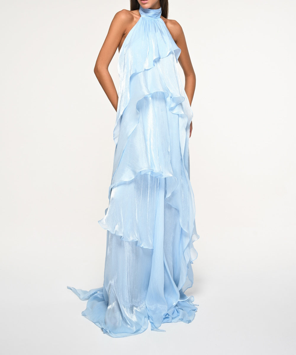 Light Blue Halter Open‑Back Ruffled Chiffon Maxi Gown With Flowy Train