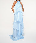 Light Blue Halter Open‑Back Ruffled Chiffon Maxi Gown With Flowy Train