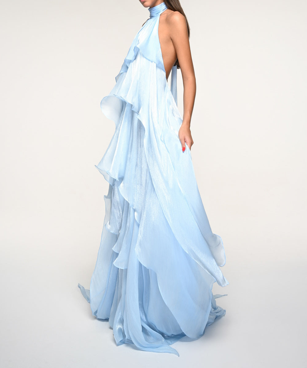 Light Blue Halter Open‑Back Ruffled Chiffon Maxi Gown With Flowy Train
