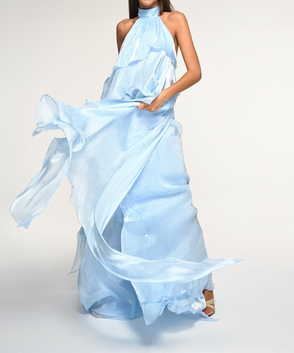 Light Blue Halter Open‑Back Ruffled Chiffon Maxi Gown With Flowy Train