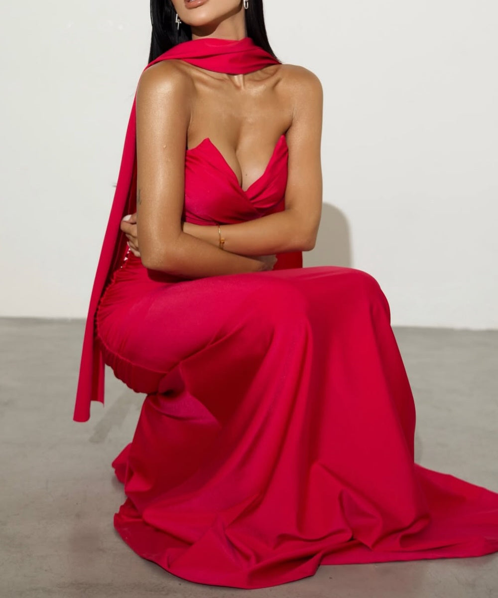 Strapless Sweetheart Ruched Satin Mermaid Evening Gown With Detachable Multi‑Way Sash