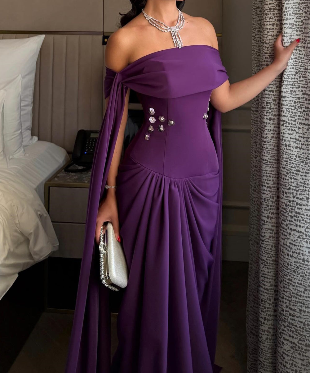 Purple Off‑the‑Shoulder Draped Cape Sleeve Mermaid Evening Gown With Floral Rhinestone Details